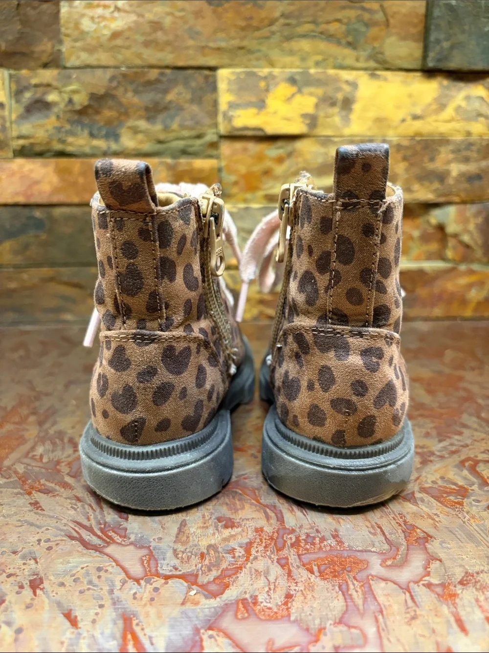 Leopard Print Kids Lace-Up Boots in Brown, Twin Girl